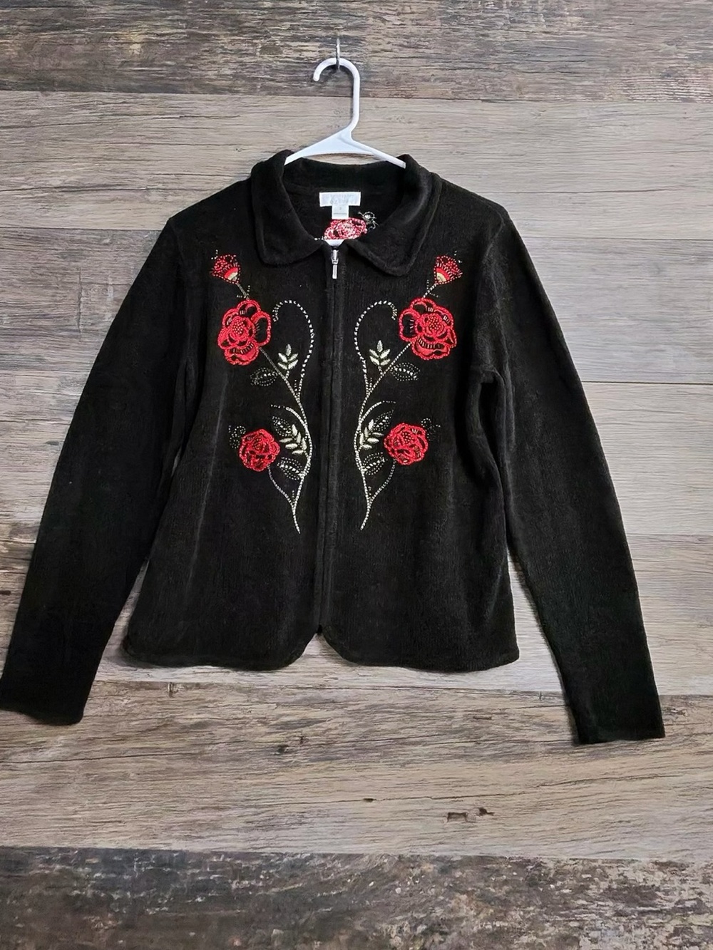 Christopher & Banks Black Jacket with Red Rose Embroidery